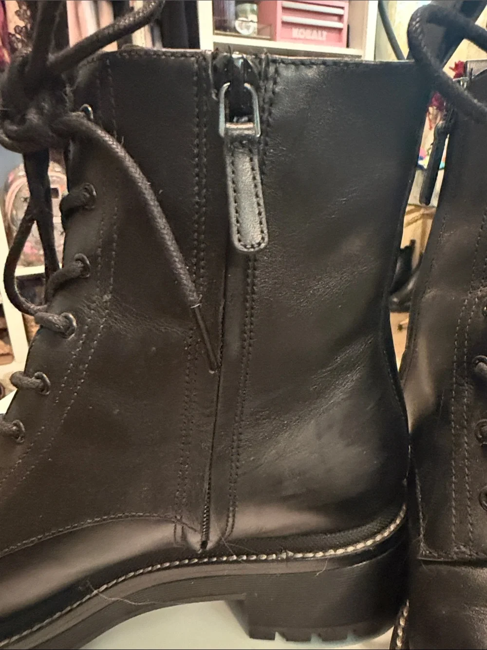 Tory Burch Combat Leather Lace-Up with Zip Boots in Black